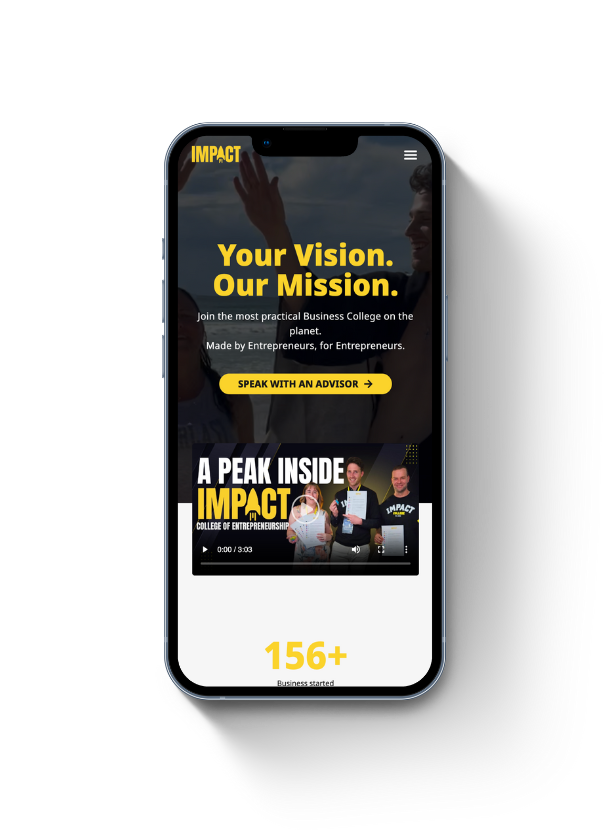 Free website mobile view showing responsive Impact College homepage on smartphone screen