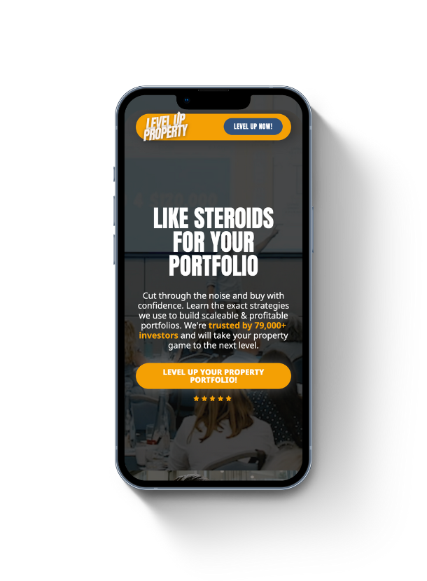 Free website mobile view showing responsive Level Up Property homepage on smartphone screen